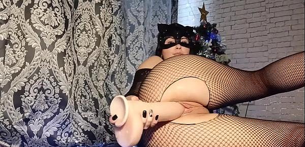 Sexy Brunette In Stockings Fucks Herself With A Huge Dildo And Makes Herself Juicy Squirt